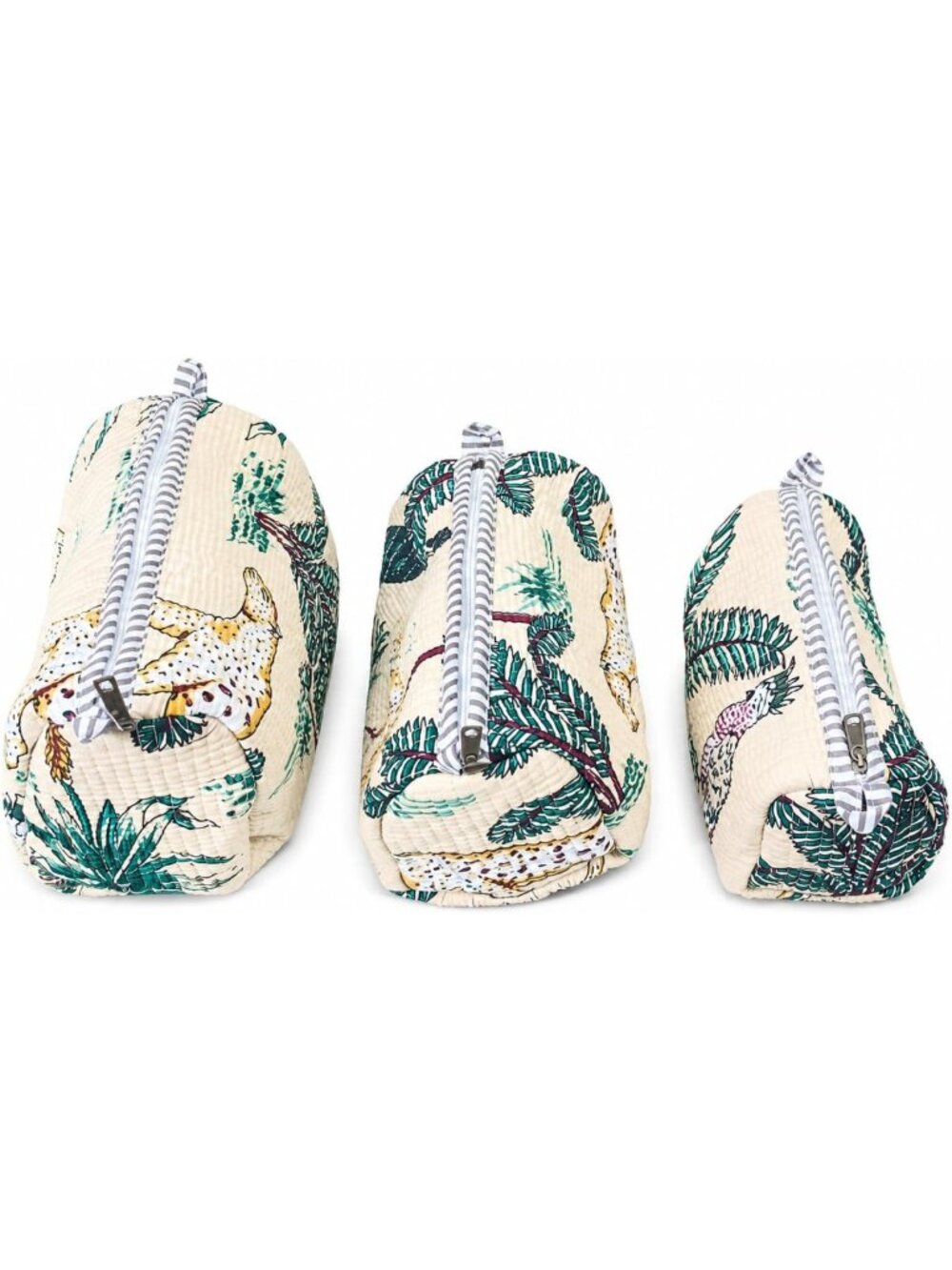 Set of 3 Quilted Cotton Pouches - Tropical Bird Print Travel Organizers, Makeup